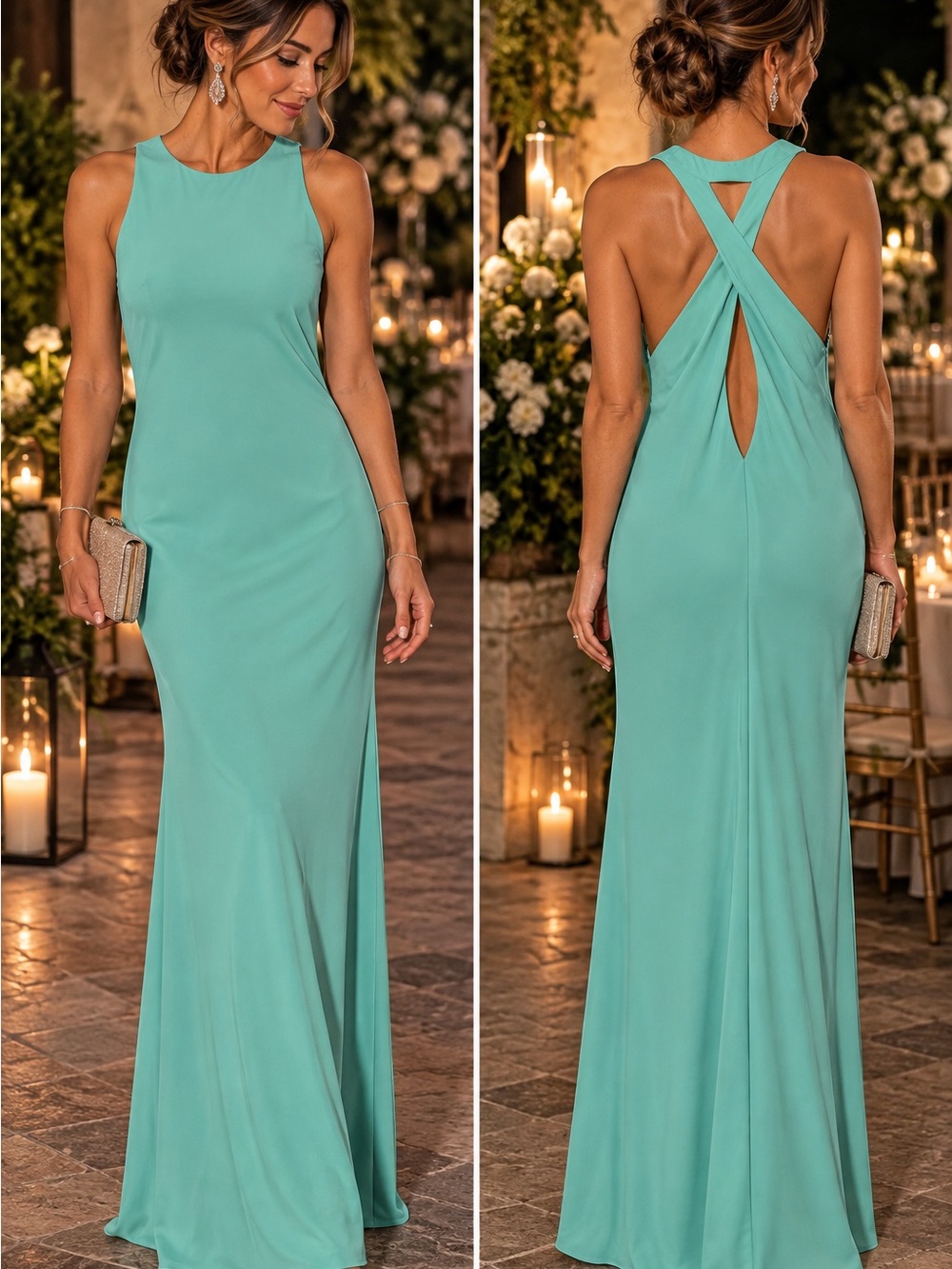 90. Ralph Lauren, New Sleeveless Cross-Back Maxi Dress in Aqua